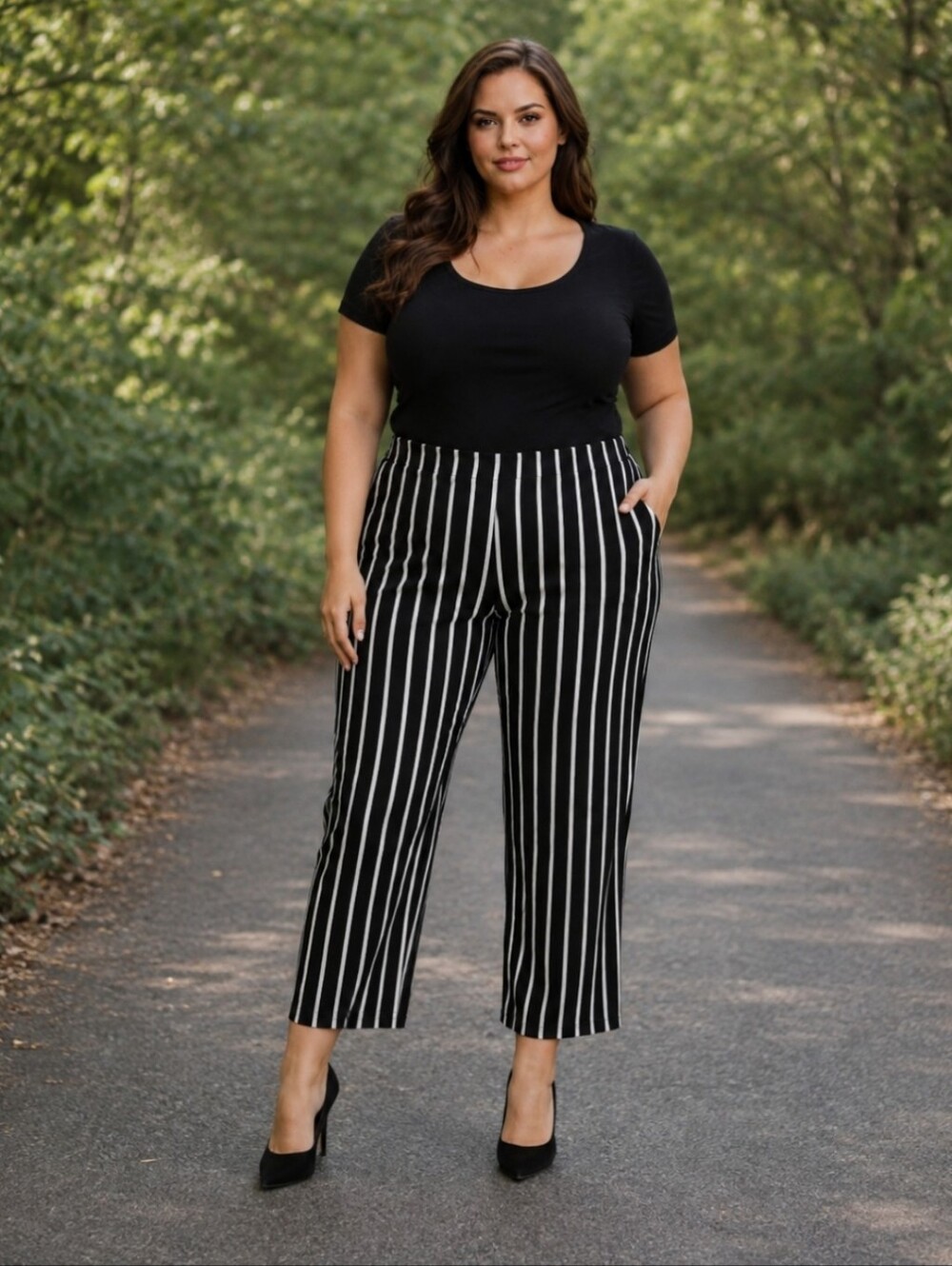 Forever 21 | Plus Black White Stripes Work Pull-On Ankle Pants